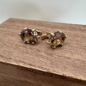 Vintage Swank Smoky Quartz Checkerboard Faceted Gold Tone Cufflinks